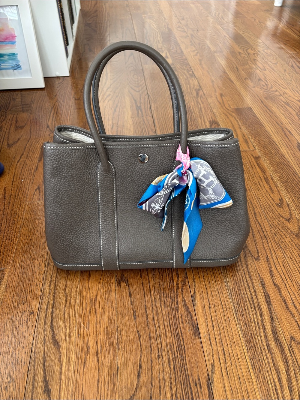 Hermes Gray Pebbled Leather Tote with Blue Accent Scarf